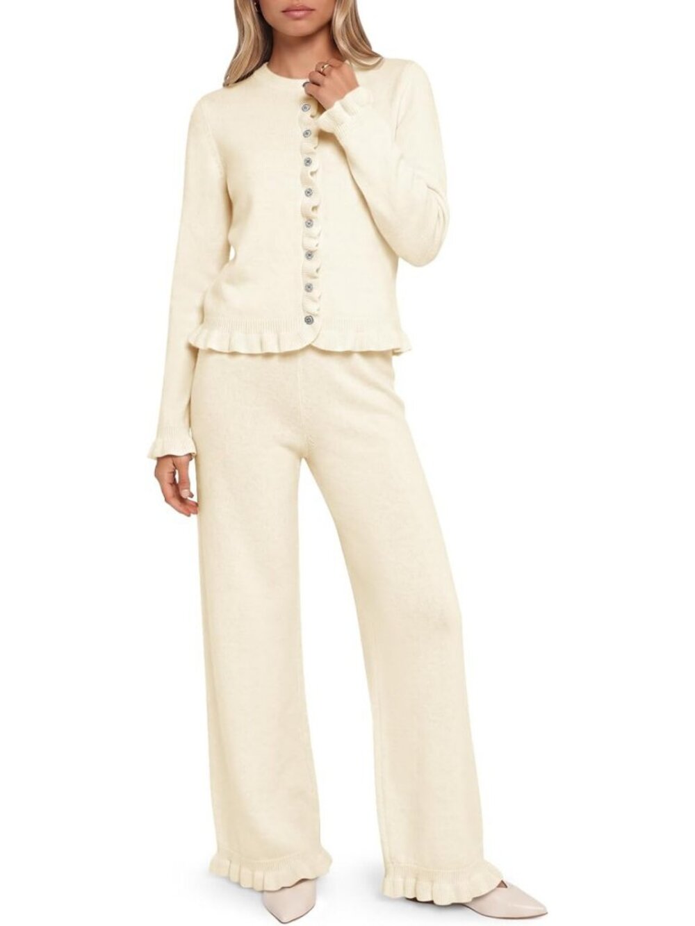 Cozy Ruffle Sweater Lounge Set | Button Knit 2-Piece Outfit for Women